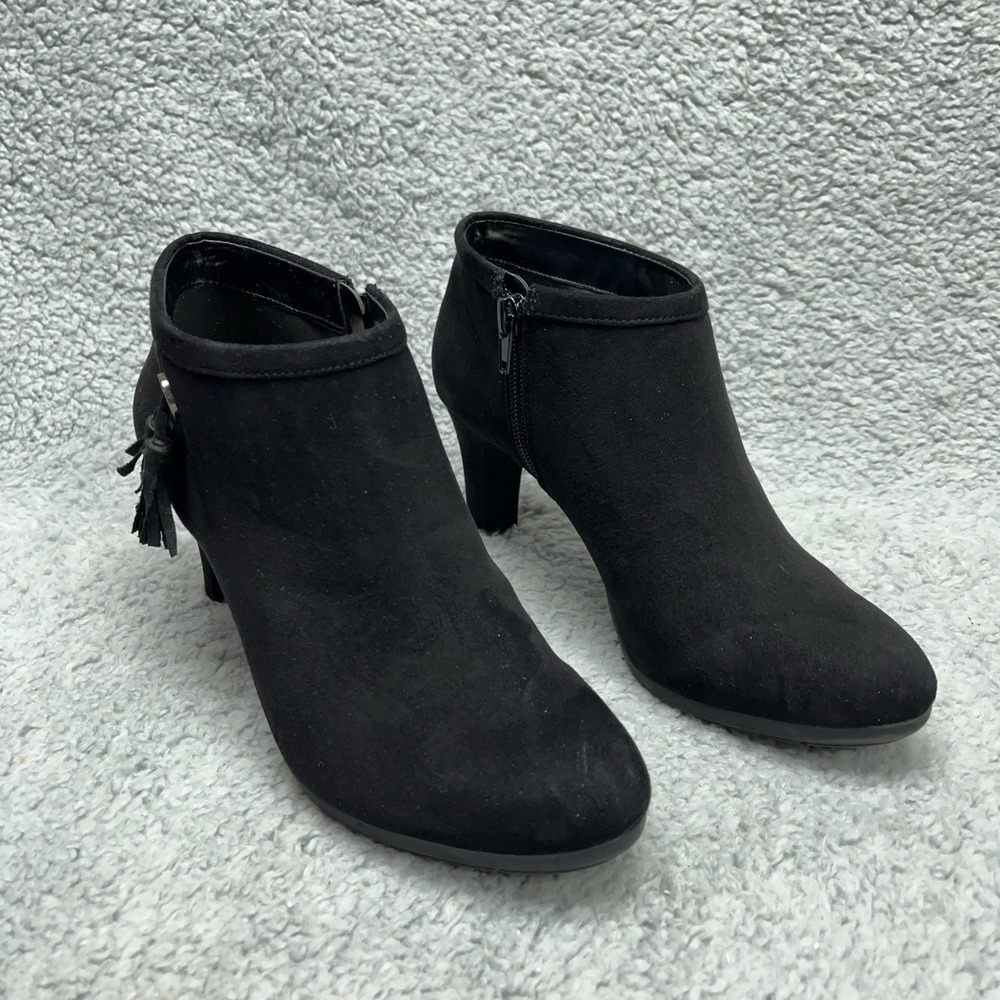 Anne Klein Aksilva Heel Ankle Boots Womens 7M Black Suede Textile Upper Tassel
